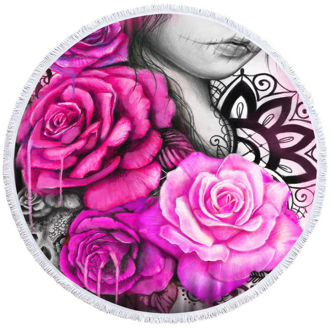 Entrap Hot Pink Roses Gothic Girl Round Beach Towel