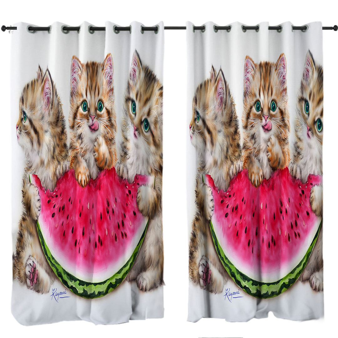 Eyelet Curtains with Adorable Funny Kittens Watermelon Summer Treat