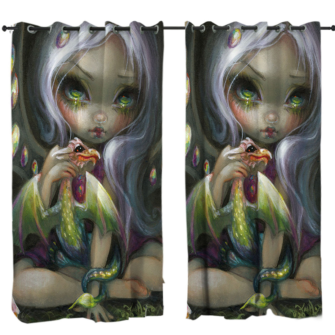 Eyelet Curtains with Cute Fantasy Art Fire Opal Fairy and Dragonling