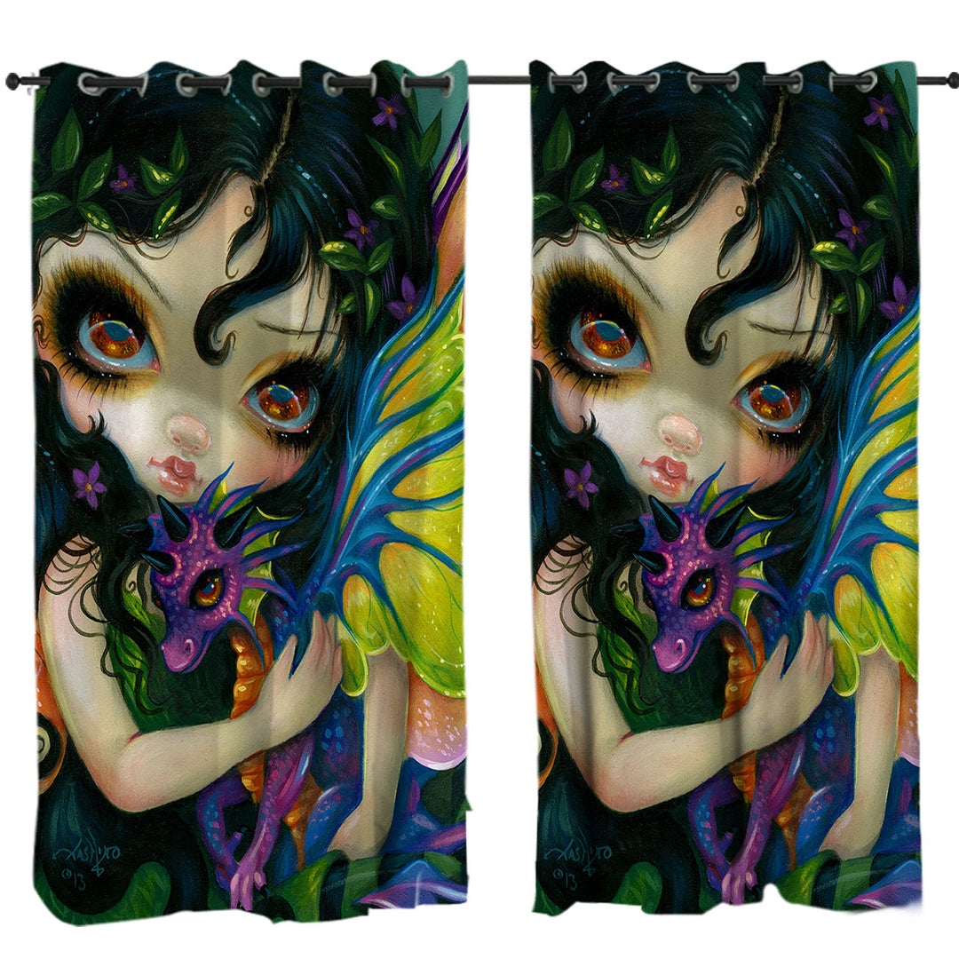 Eyelet Curtains with Darling Dragonling Fairy and Purple Cute Dragon