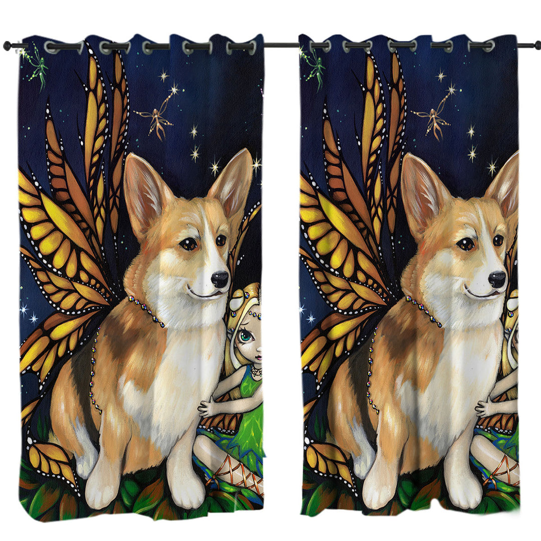 Eyelet Curtains with Fantasy Pet Dog Corgi of the Faeries