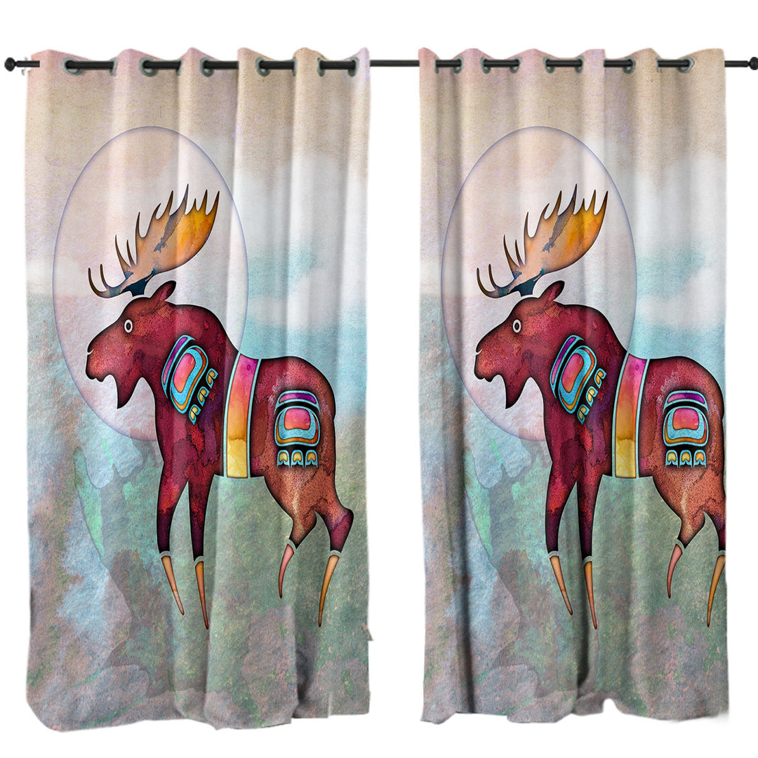 Eyelet Curtains with Native American Animal Art Painted Moose