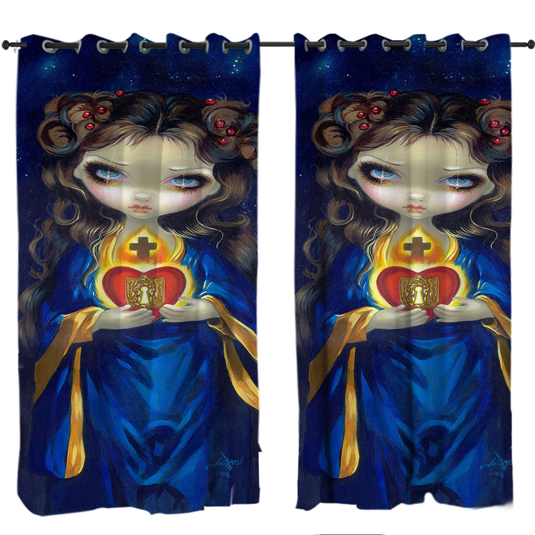 Eyelet Curtains with Occulta Cordis Beautiful Girl Holds Sacred Heart