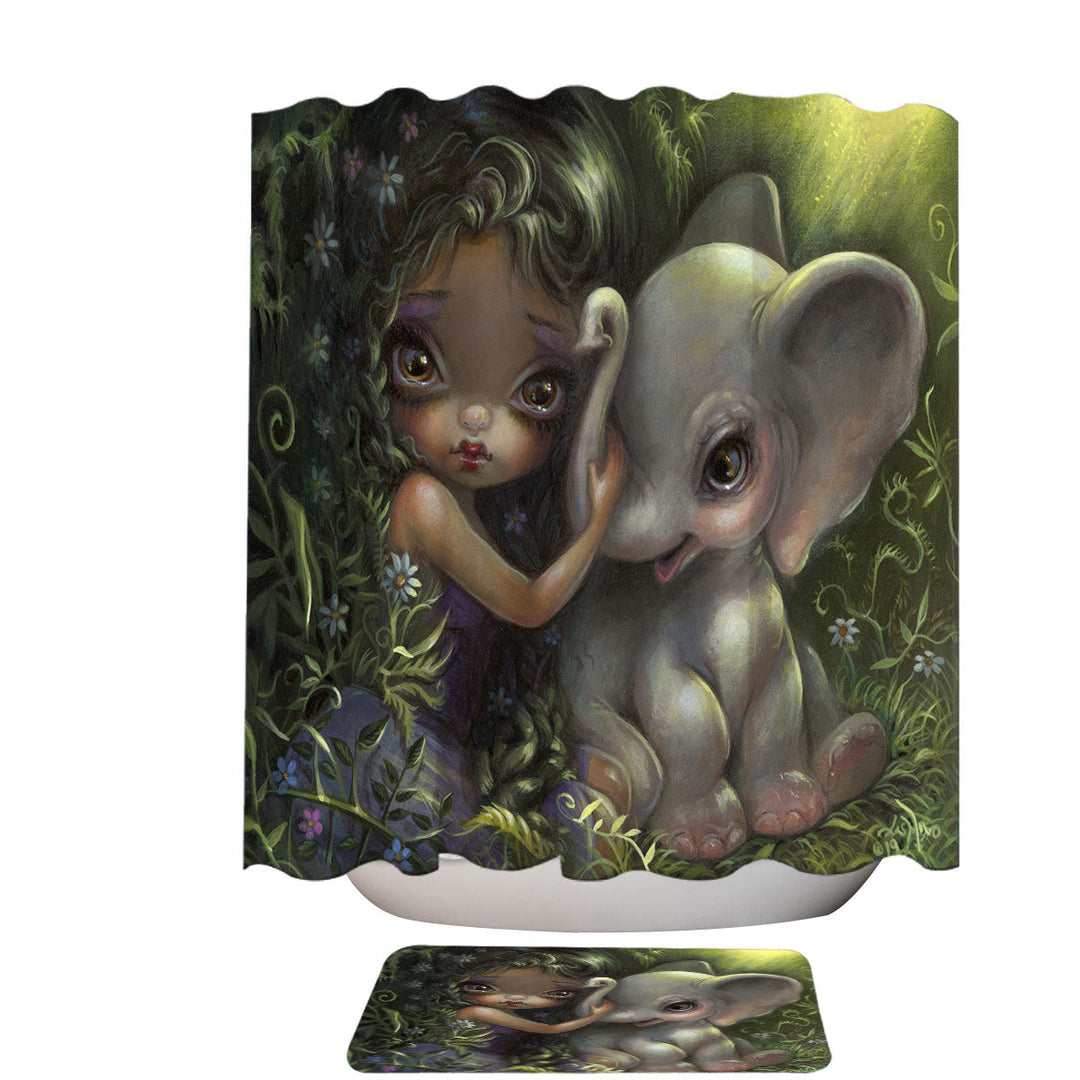 Fabric Shower Curtains with Cute Art Big Eyed Maiden with Elephant Friend