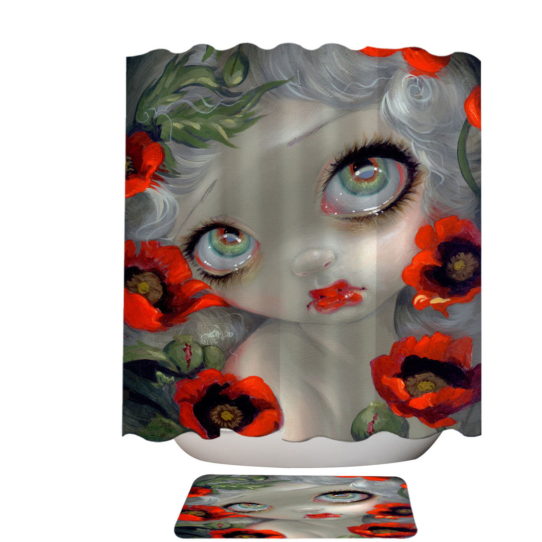 Fabric Shower Curtains with Poisonous Beauties Opium Poppy Girl and Flowers