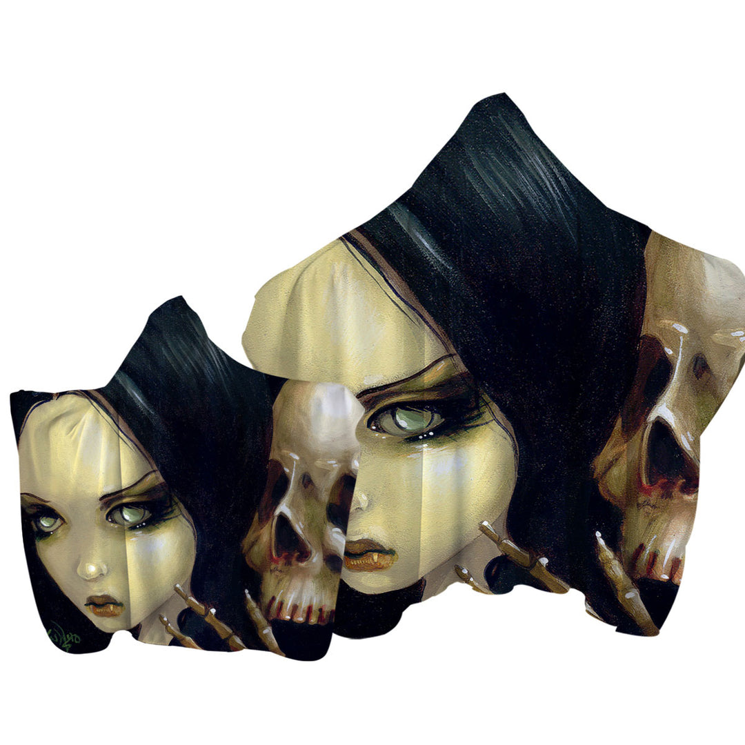 Faces of Faery _103 Gothic Girl and Scary Skull Hooded Beach Towel