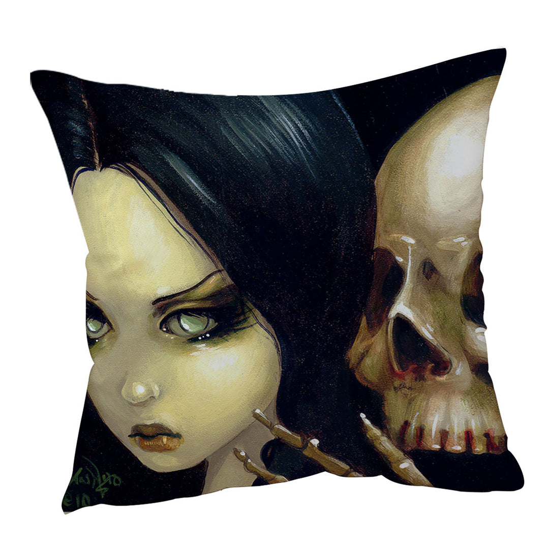 Faces of Faery _103 Gothic Girl and Scary Skull Throw Pillow