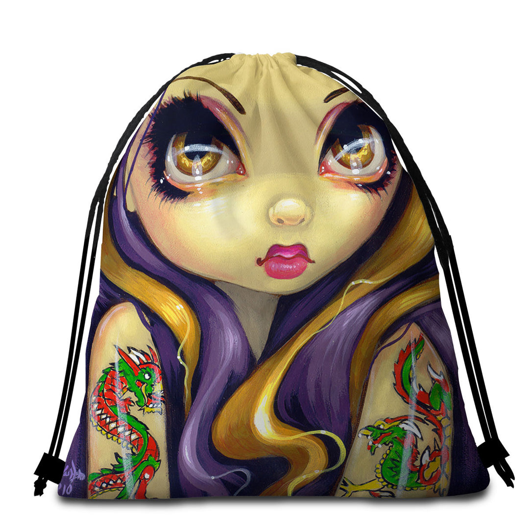 Faces of Faery _107 Cool Girl With Dragon Tattoo Beach Towel Bags