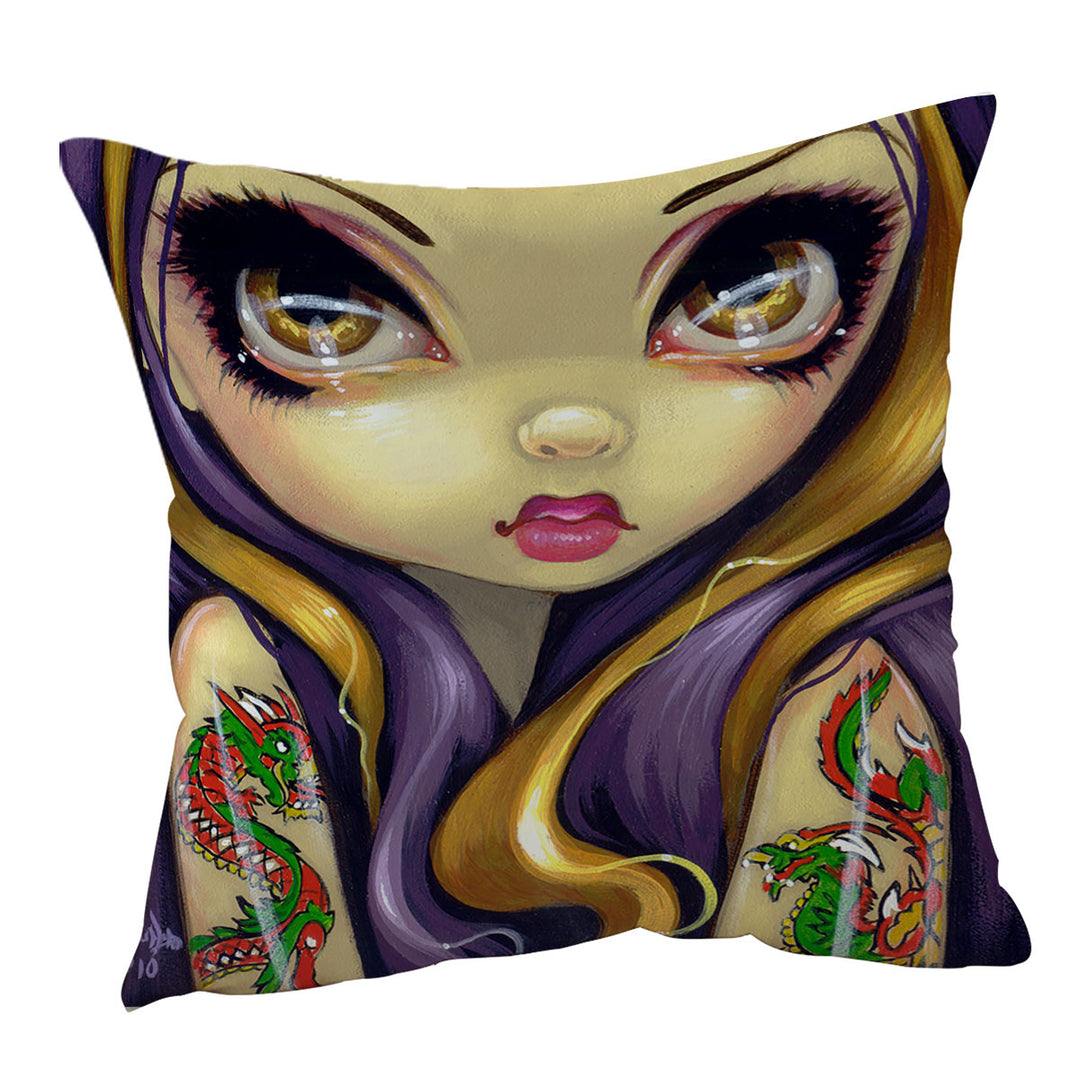 Faces of Faery _107 Cool Girl With Dragon Tattoo Cushion Cover