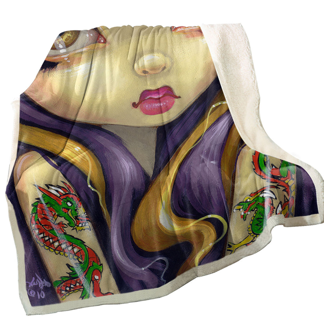 Faces of Faery _107 Cool Girl With Dragon Tattoo Throw Blanket