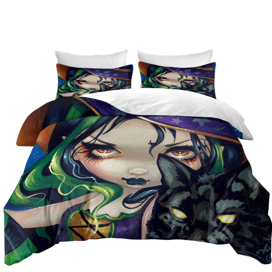 Faces of Faery _114 Halloween Witch Girl and Cat Bed Covers