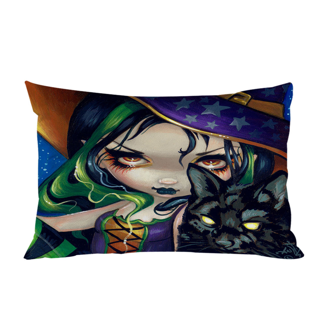 Faces of Faery _114 Halloween Witch Girl and Cat Pillowcase