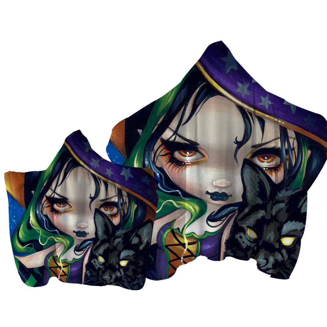 Faces of Faery _114 Halloween Witch Girl and Cat Towel with Hood