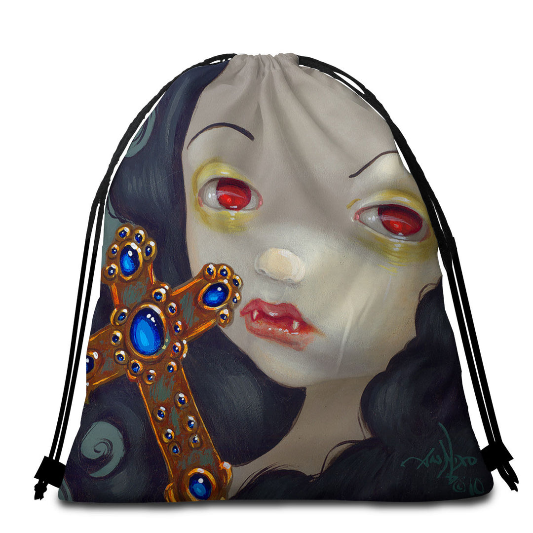 Faces of Faery _128 Scary Vampire Girl with Cross Beach Towels and Bags Set 4