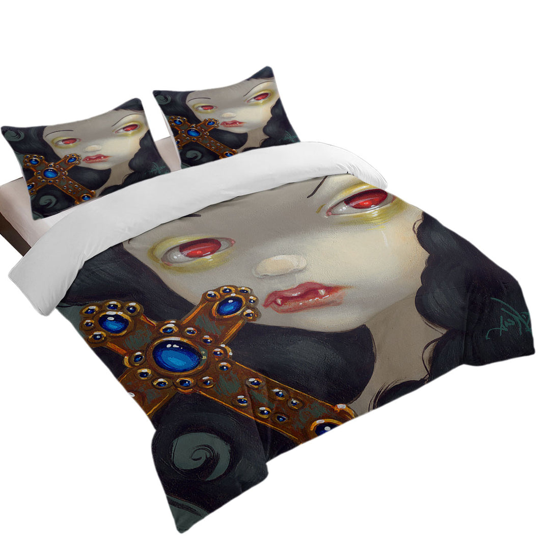 Faces of Faery _128 Scary Vampire Girl with Cross Bed Covers