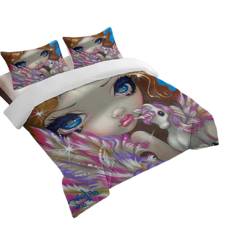 Faces of Faery _136 Purplish Girl and Unicorn Duvet Cover Queen