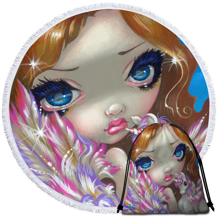 Faces of Faery _136 Purplish Girl and Unicorn Round Beach Towel for Girls