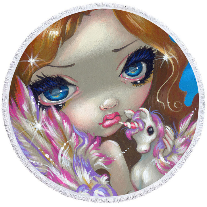 Faces of Faery _136 Purplish Girl and Unicorn Round Towel for Girls