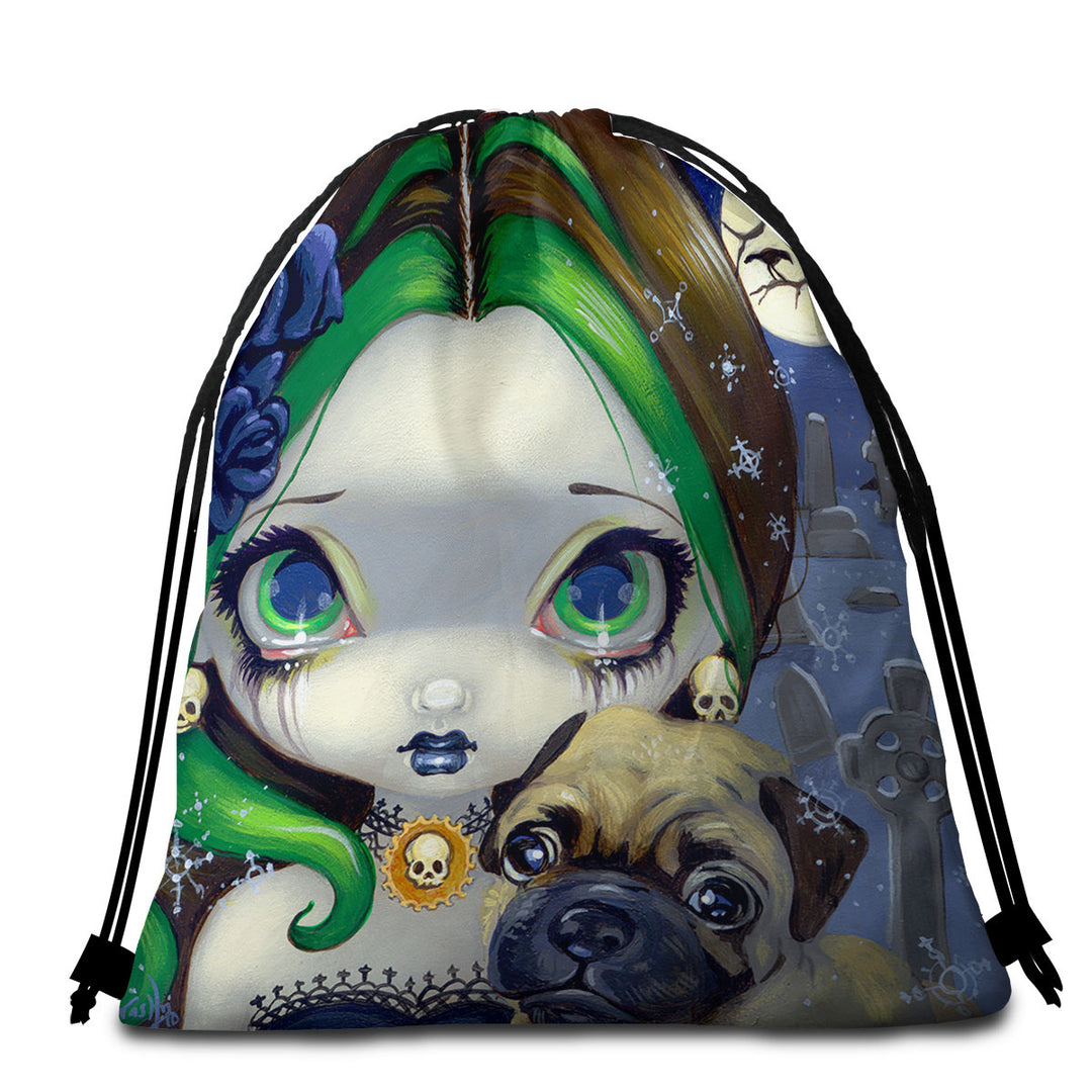 Faces of Faery _145 Cemetery Goth Girl and Pug Beach Towel Bags