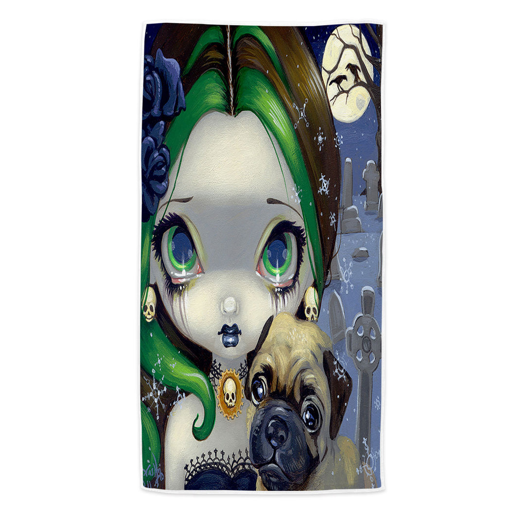 Faces of Faery _145 Cemetery Goth Girl and Pug Beach Towels