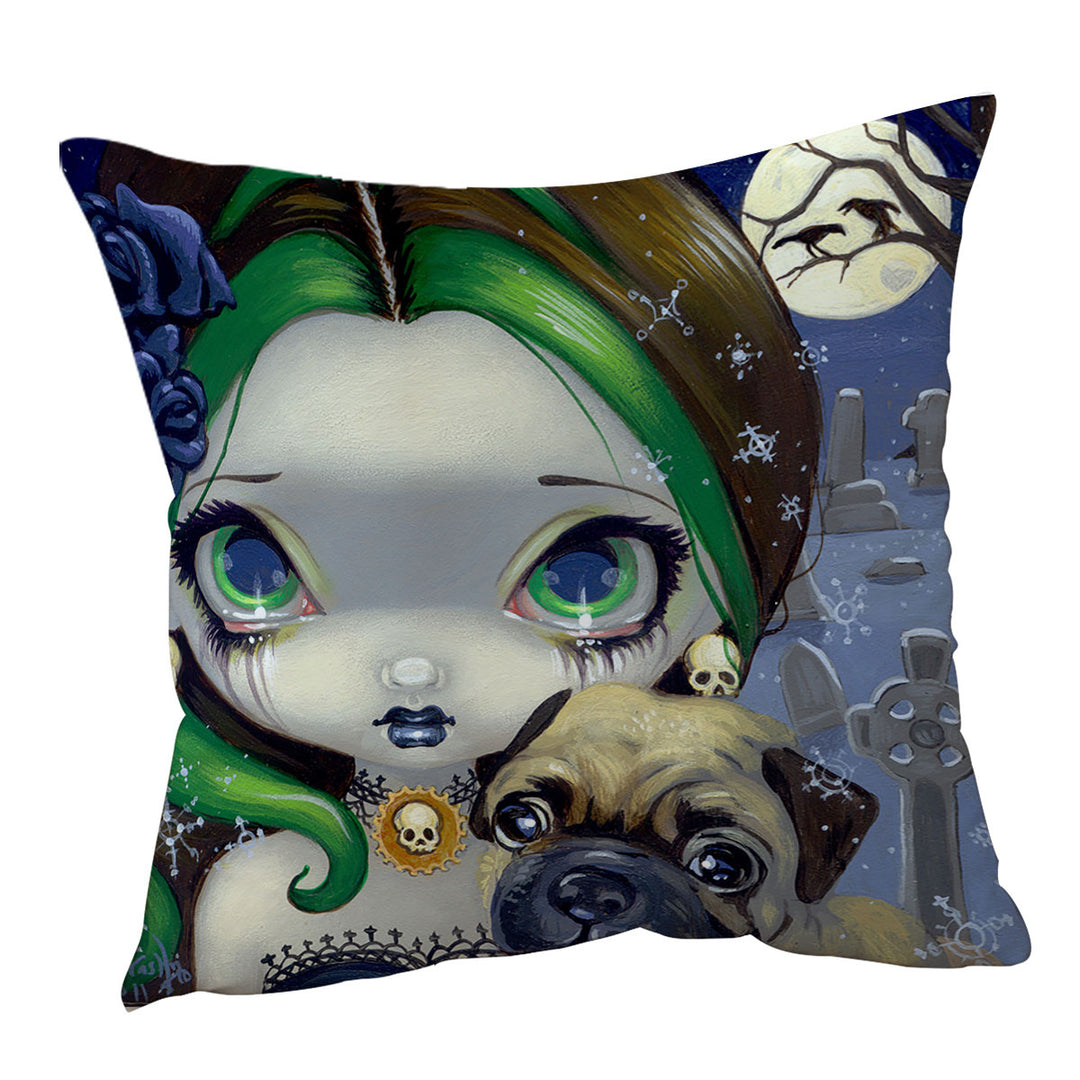 Faces of Faery _145 Cemetery Goth Girl and Pug Cushion Cover