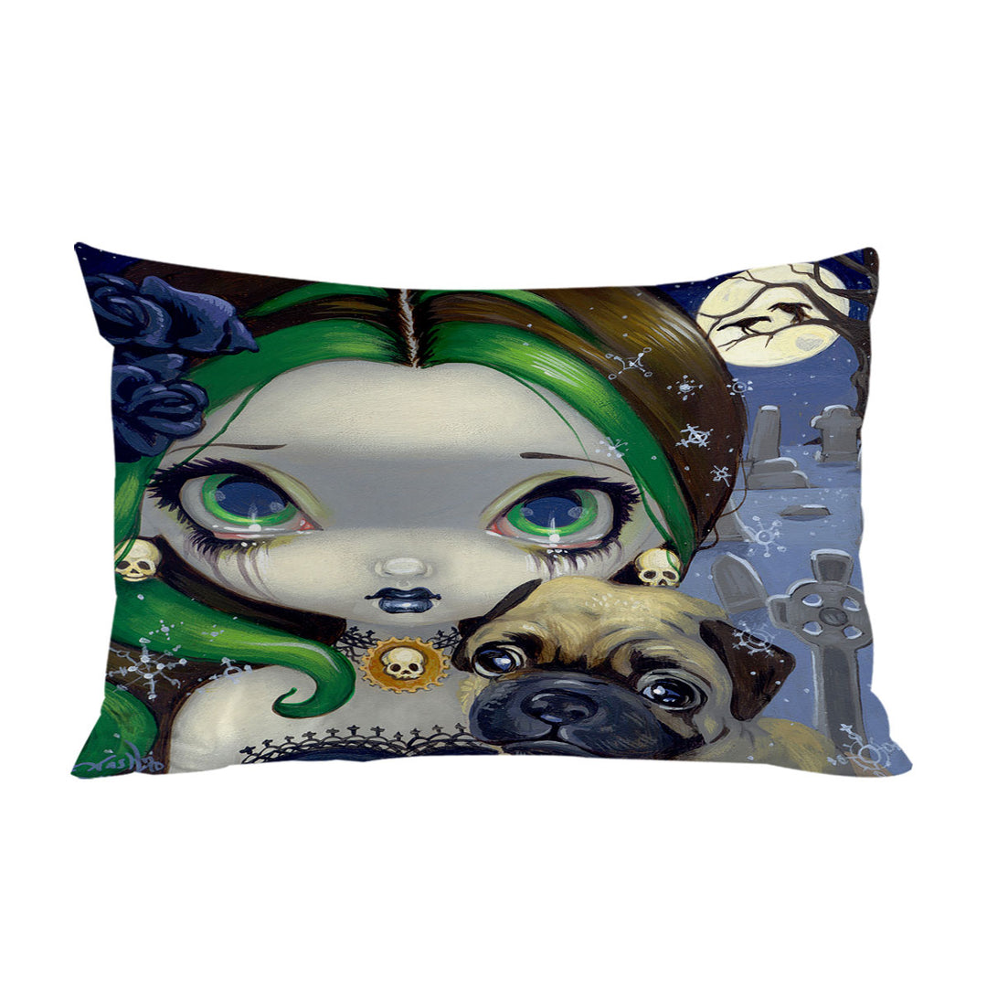 Faces of Faery _145 Cemetery Goth Girl and Pug Dog Pillow Case Covers