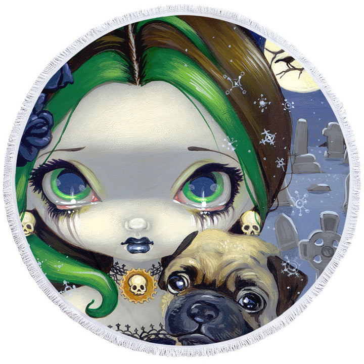 Faces of Faery _145 Cemetery Goth Girl and Pug Round Towel