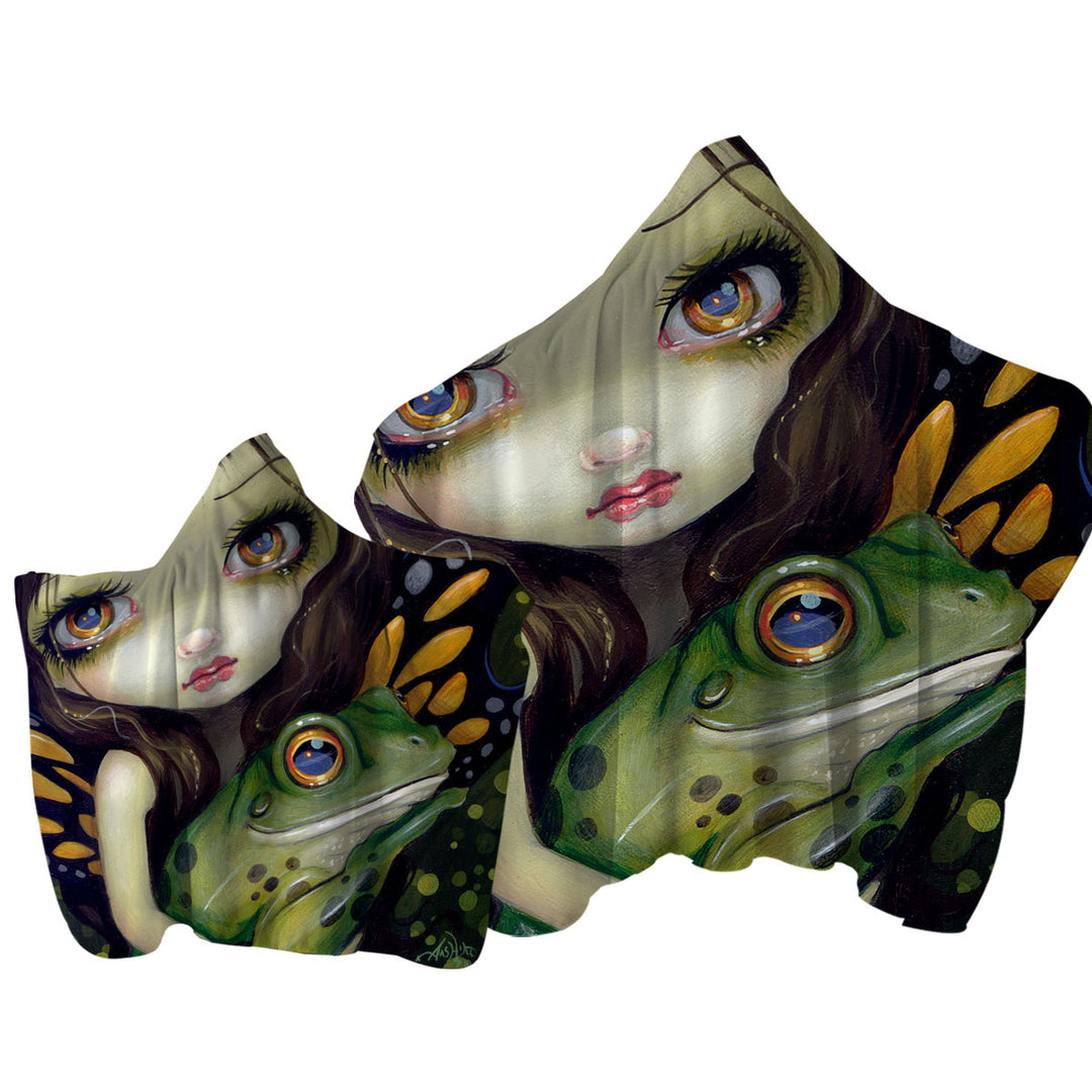 Faces of Faery _146 Butterfly Fairy and Her Frog Hooded Beach Towel