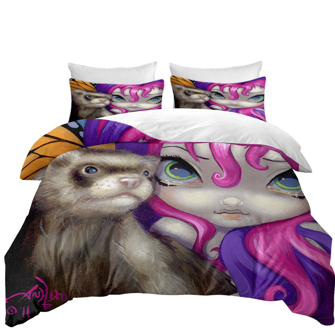 Faces of Faery _154 Purplish Girl With Her Ferret Duvet Cover