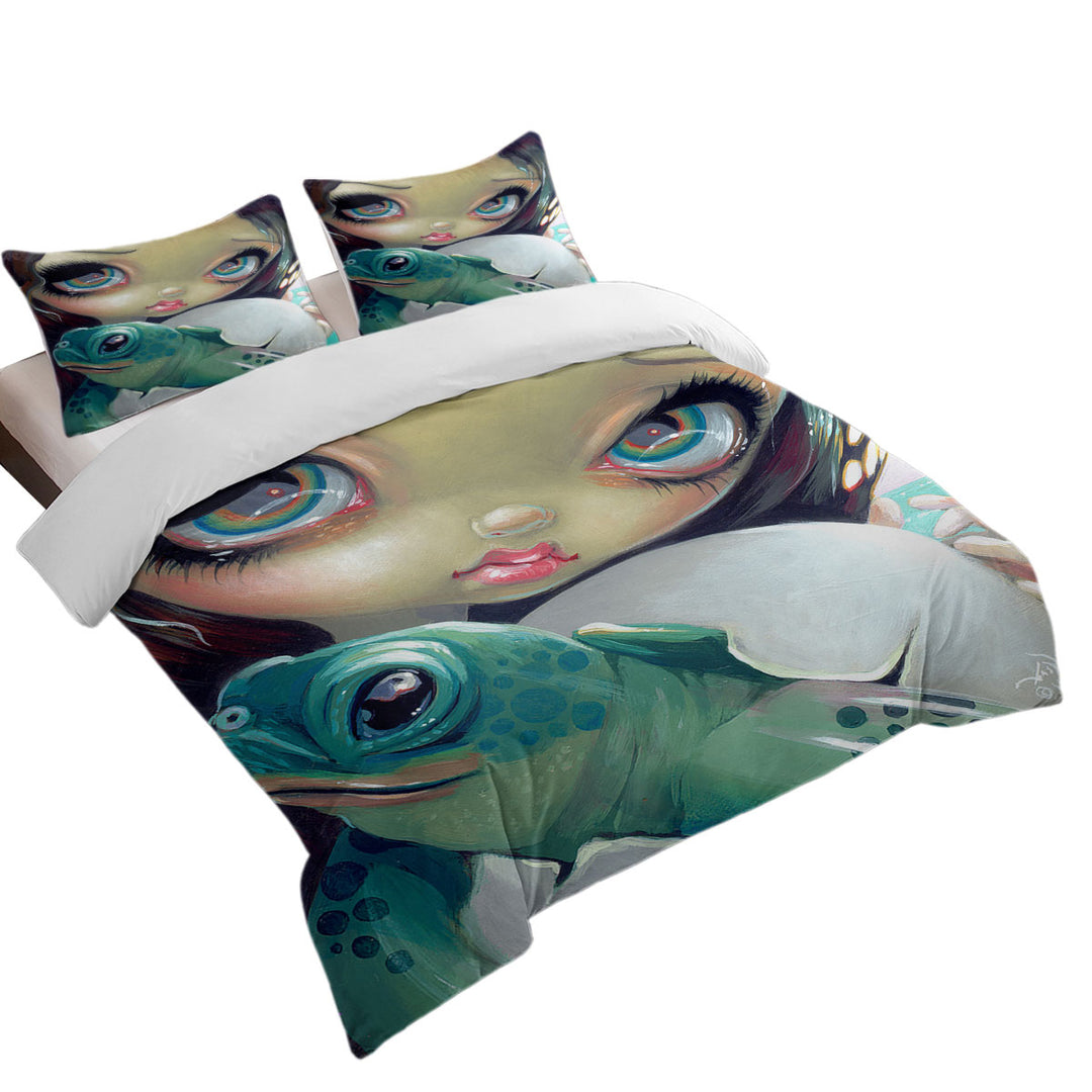 Faces of Faery _164 Cute Girl with Baby Turtle Duvet Covers