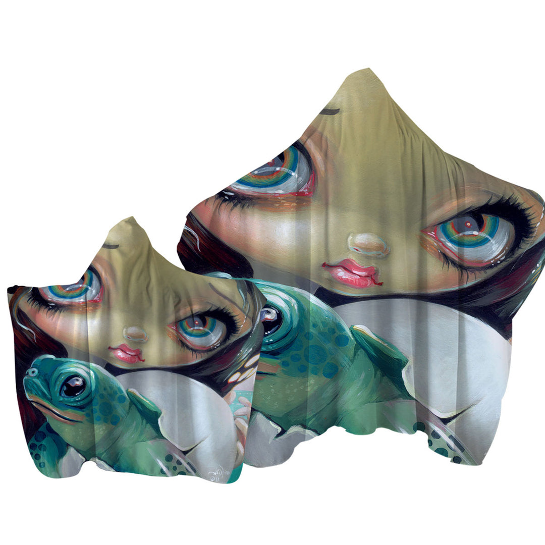 Faces of Faery _164 Cute Girl with Baby Turtle Hooded Beach Towel