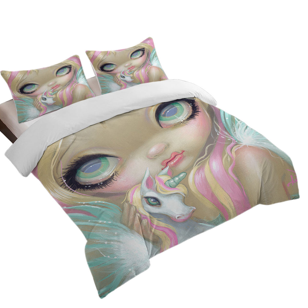 Faces of Faery _178 Big Eyed Pinkish Girl Unicorn Duvet Cover set