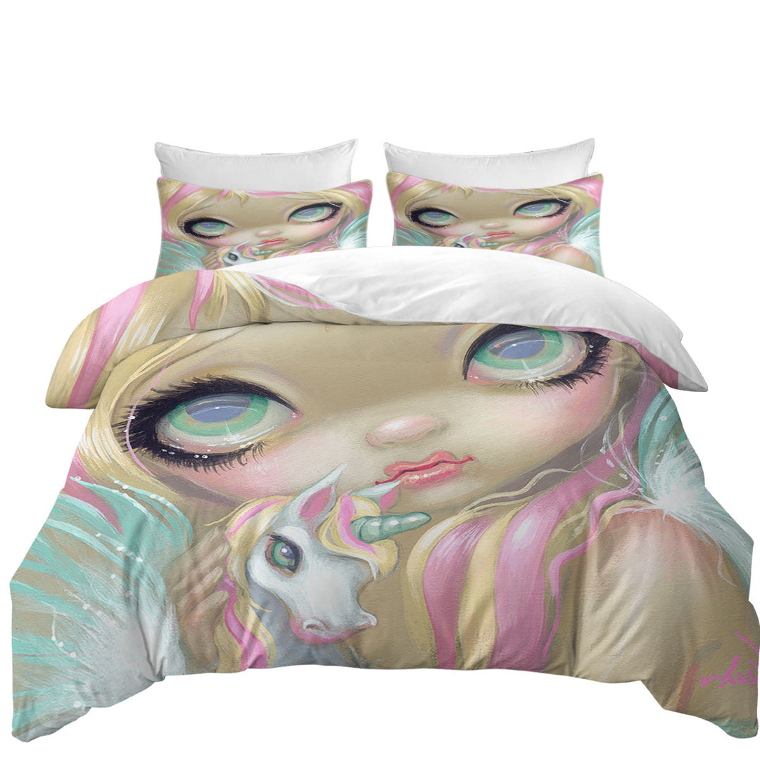 Faces of Faery _178 Big Eyed Pinkish Girl Unicorn full Size Duvet Cover