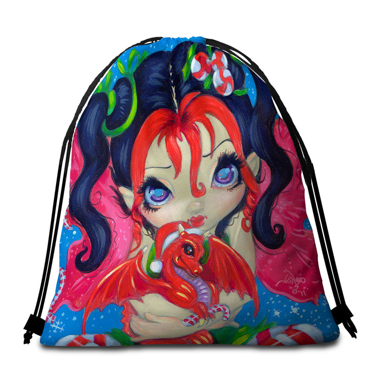 Faces of Faery _182 Christmas Fairy and Dragonling Beach Towel Bags