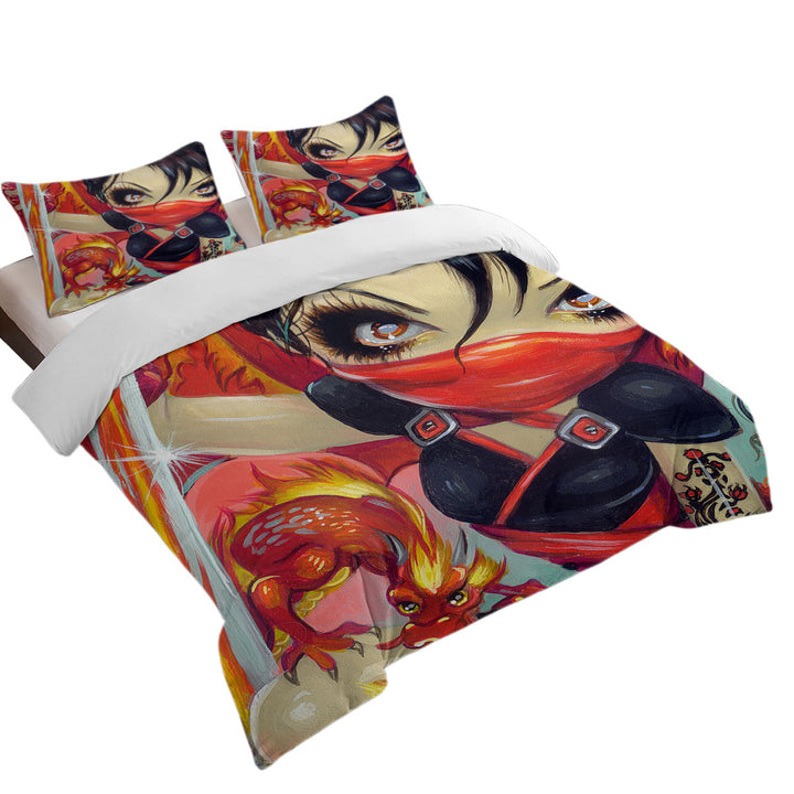 Faces of Faery _185 Ninja Girl and Fire Dragon King Duvet Cover set