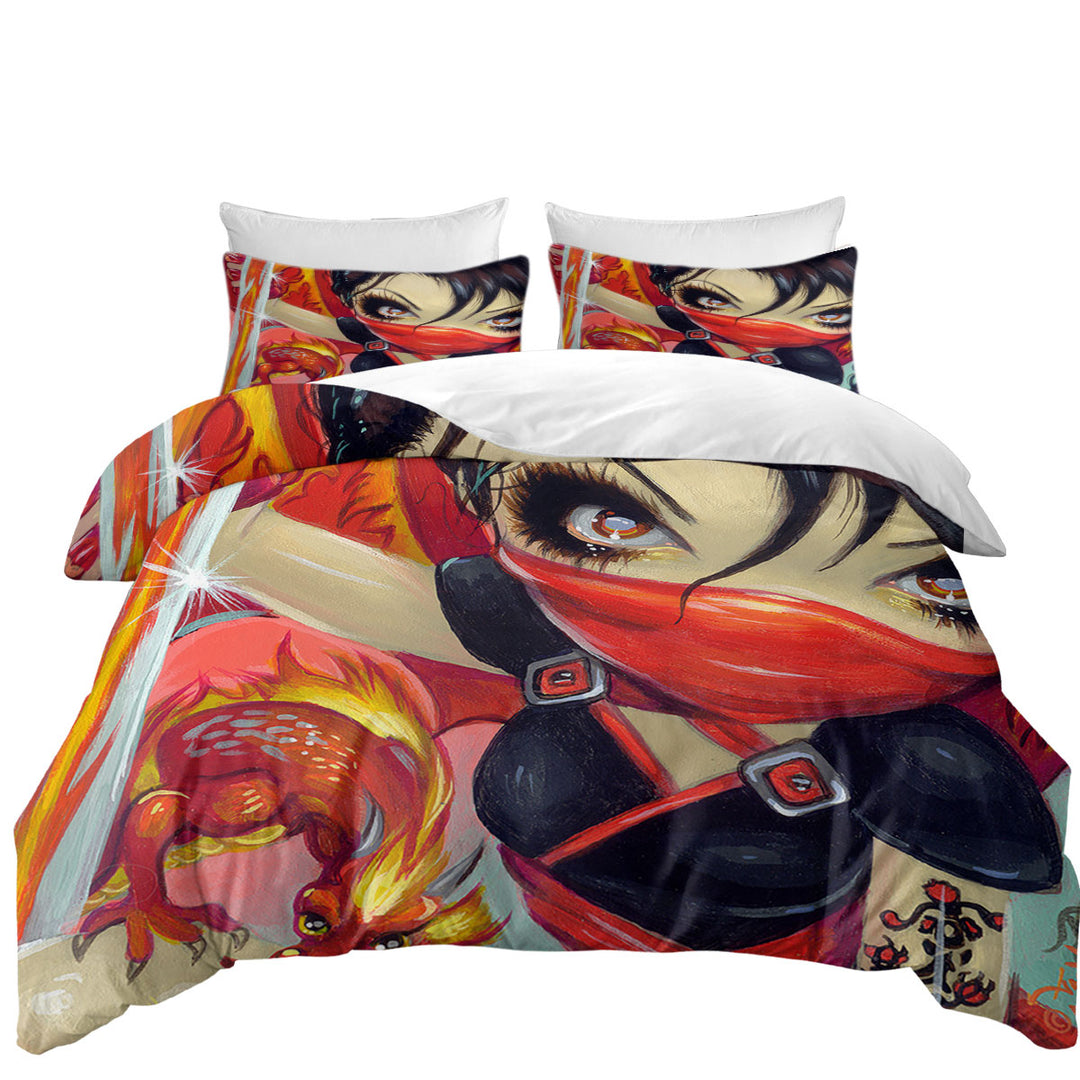 Faces of Faery _185 Ninja Girl and Fire Dragon King Size Duvet Cover