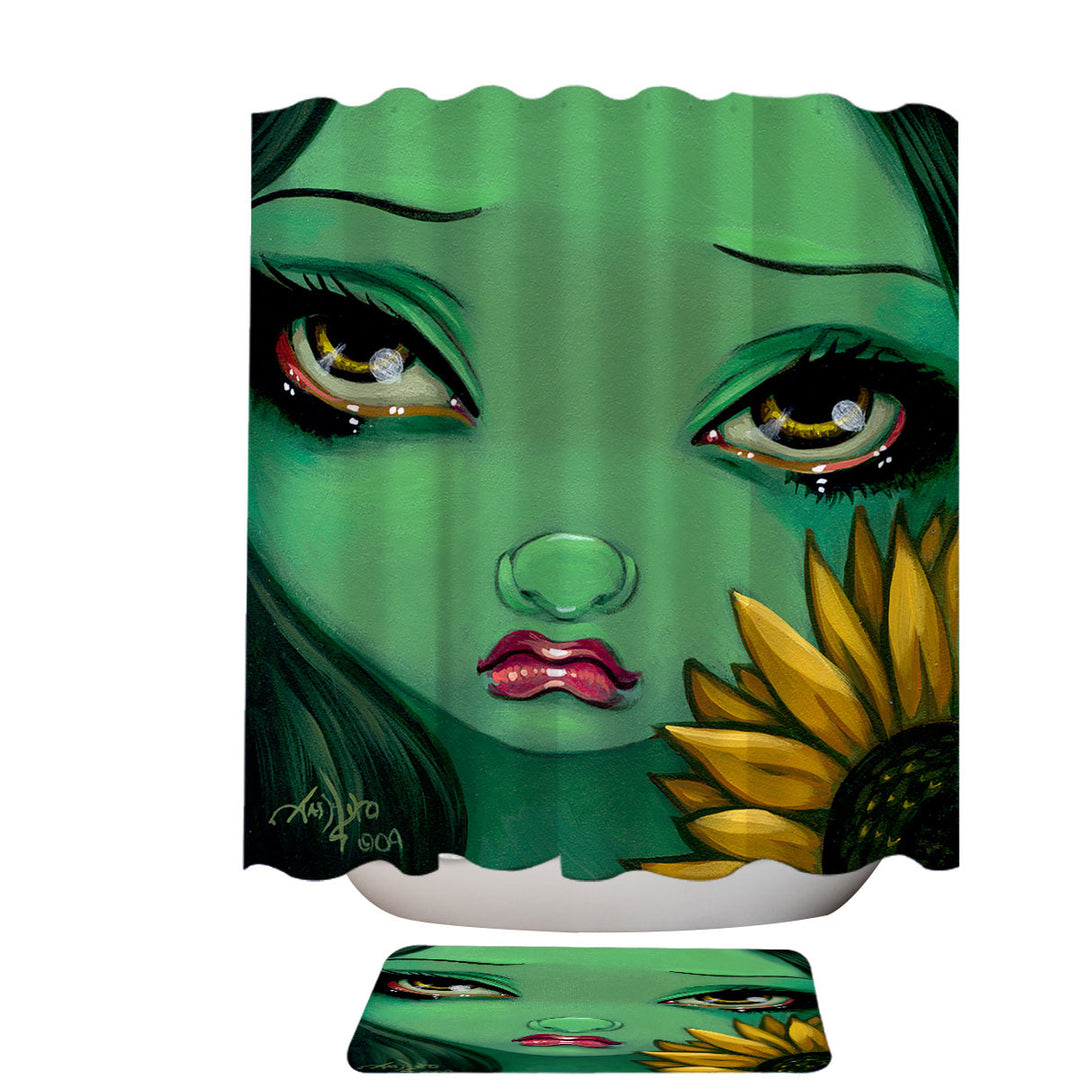 Faces of Faery _19 Green Girl with Sunflower Fabric Shower Curtains