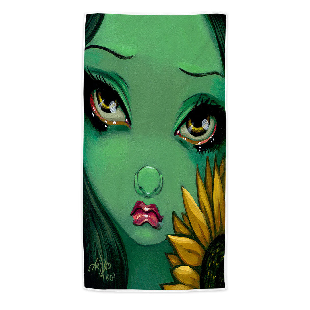 Faces of Faery _19 Green Girl with Sunflower Microfiber Beach Towel