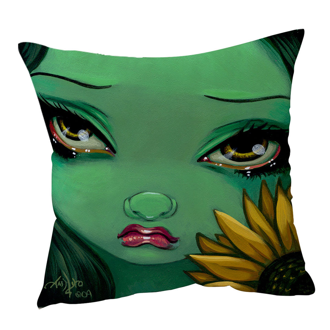 Faces of Faery _19 Green Girl with Sunflower Throw Pillow