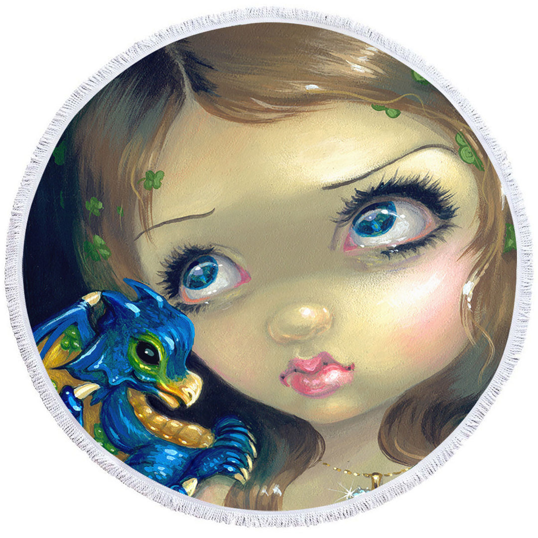 Faces of Faery _190 Clover Girl and Dragonling Round Beach Towel