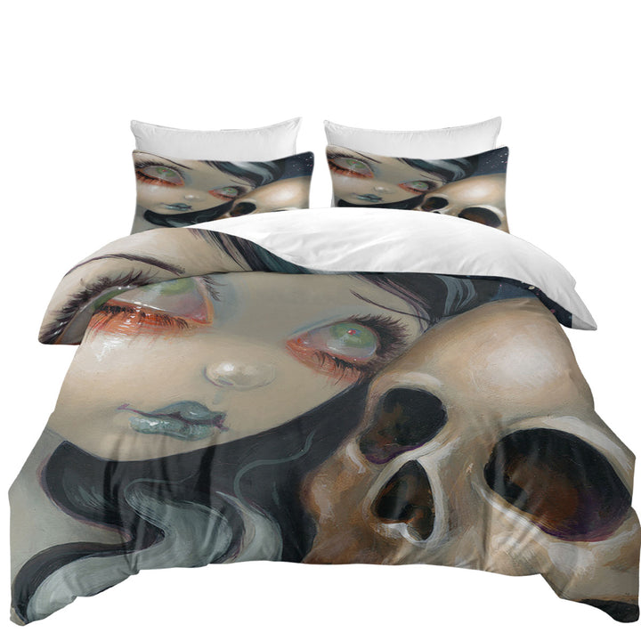 Faces of Faery _196 Scary Skull and Gothic Girl Queen Size Duvet Cover