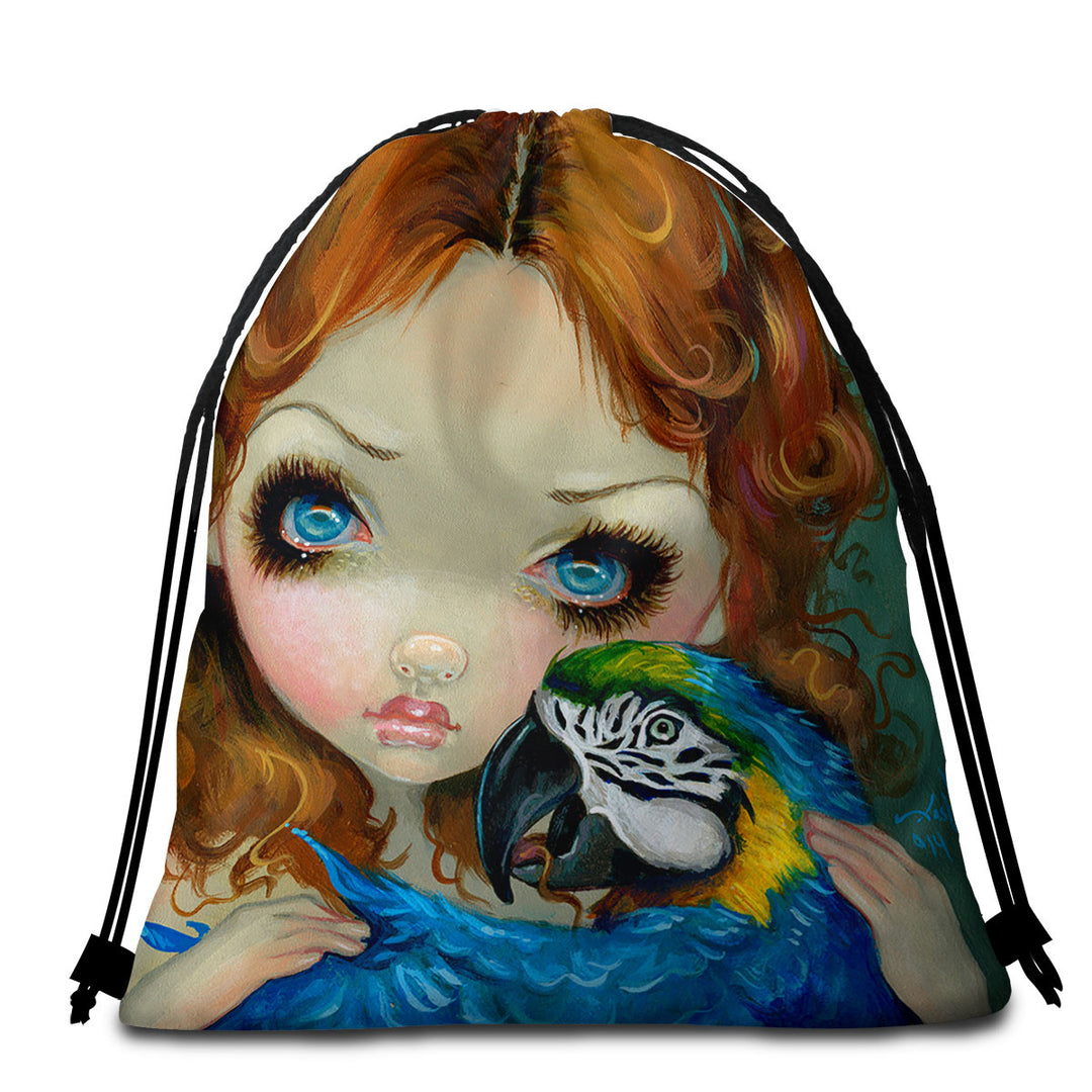 Faces of Faery _223 Redhead Girl with Macaw Parrot Beach Towel Pack