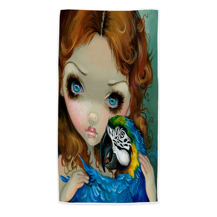 Faces of Faery _223 Redhead Girl with Macaw Parrot Beach Towel