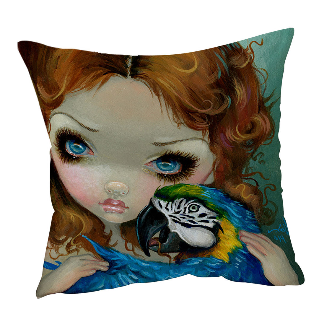 Faces of Faery _223 Redhead Girl with Macaw Parrot Cushion Cover