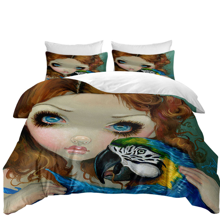 Faces of Faery _223 Redhead Girl with Macaw Parrot Quilt Cover Sets