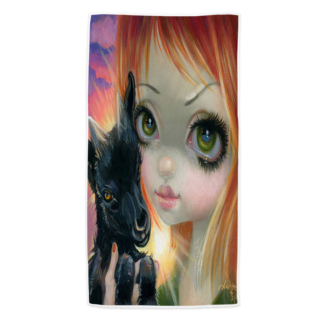 Faces of Faery _224 Sunset Girl with Her Baby Goat Beach Towels