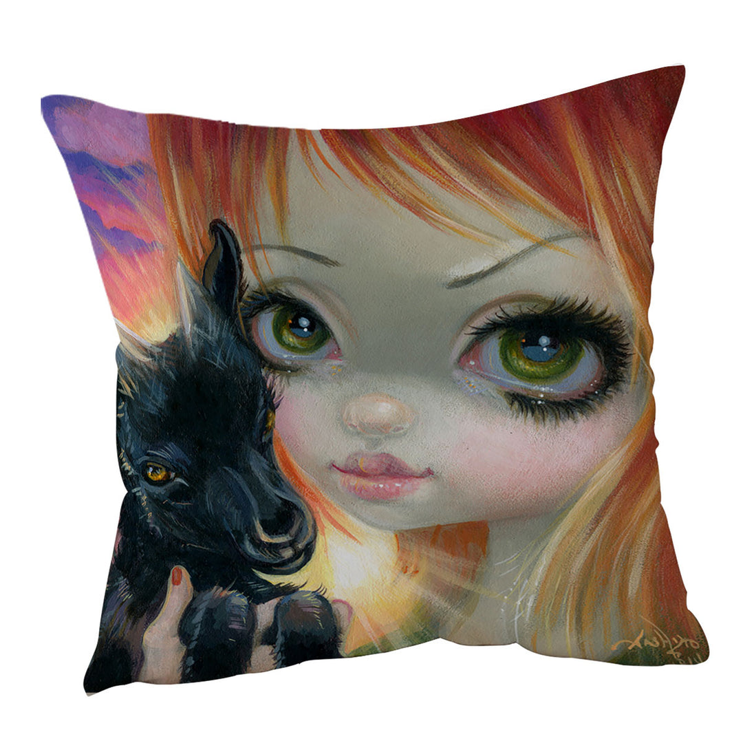 Faces of Faery _224 Sunset Girl with Her Baby Goat Cushion Cover