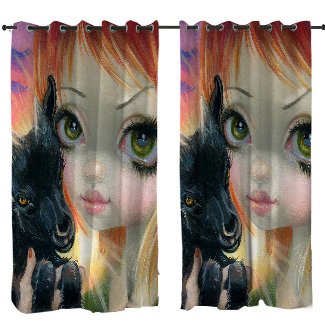 Faces of Faery _224 Sunset Girl with Her Baby Goat Eyelet Curtains