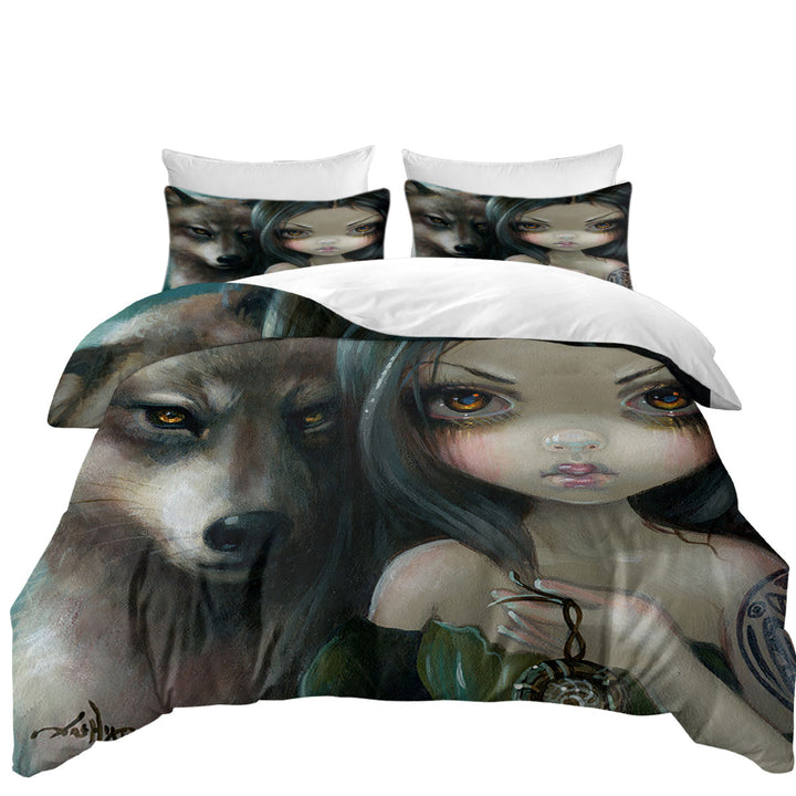 Faces of Faery _226 Native Goth Girl with Her Wolf Duvet Cover