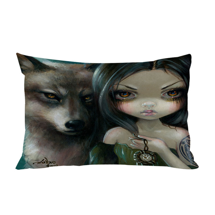 Faces of Faery _226 Native Goth Girl with Her Wolf King Pillow Cases